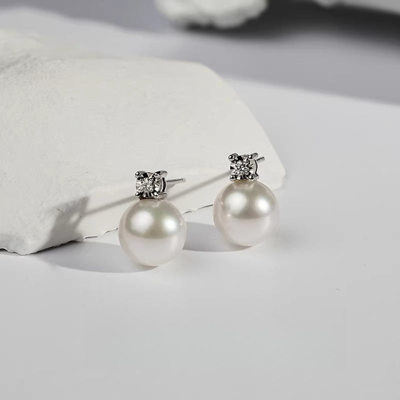 Edison Pearl Stud Earrings, 18K Gold Princess Style Earrings, Round Freshwater Pearl Earrings, High-End Jewelry