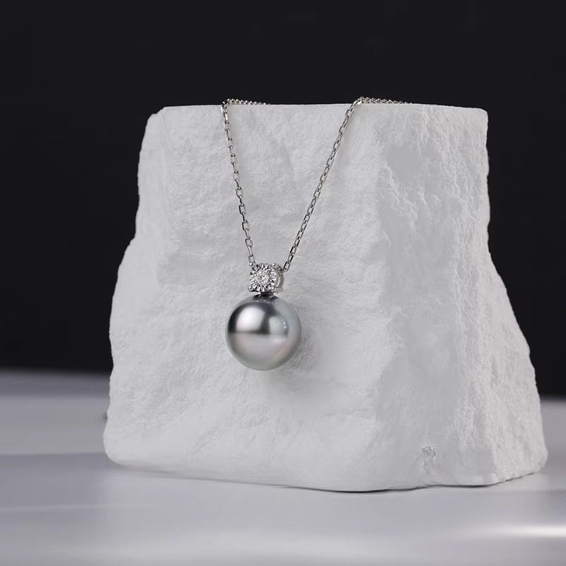 Tahitian grey pearl pendant, Princess Diana necklace, 18K gold/platinum grey seawater pearl choker, top-quality craftsmanship.