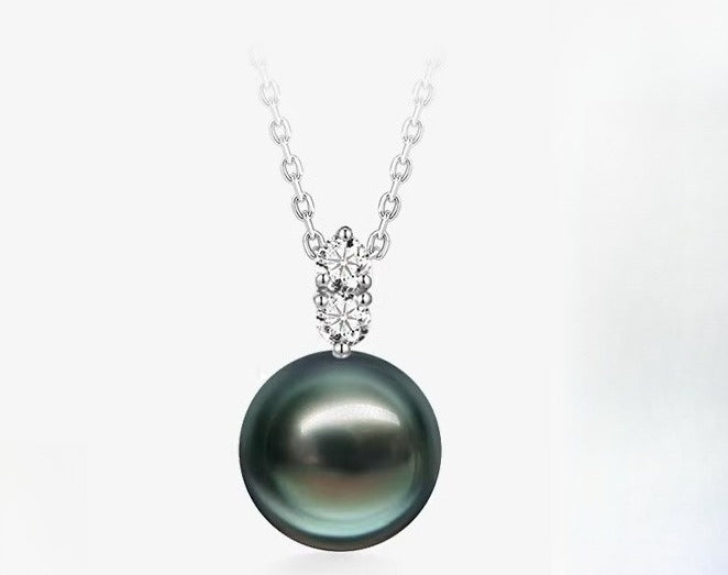 Tahitian Black Pearl Pendant with Double Diamonds, 18K Gold Necklace, Versatile Jewelry, Girlfriend Gift