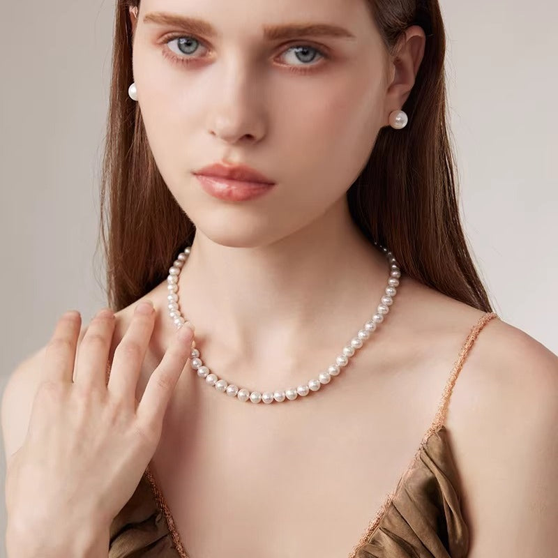 GOSELON JEWELRY High Luster Natural Freshwater Pearl Necklace Near Round Pearl Strand Clavicle Chain Elegant Pearl String Jewelry