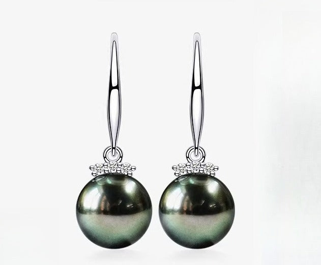Tahitian Black Pearl Drop Earrings, 18K Gold, Diamond Accents, Seawater Pearl Dangles, High-End Jewelry, Elegant Earrings for Women