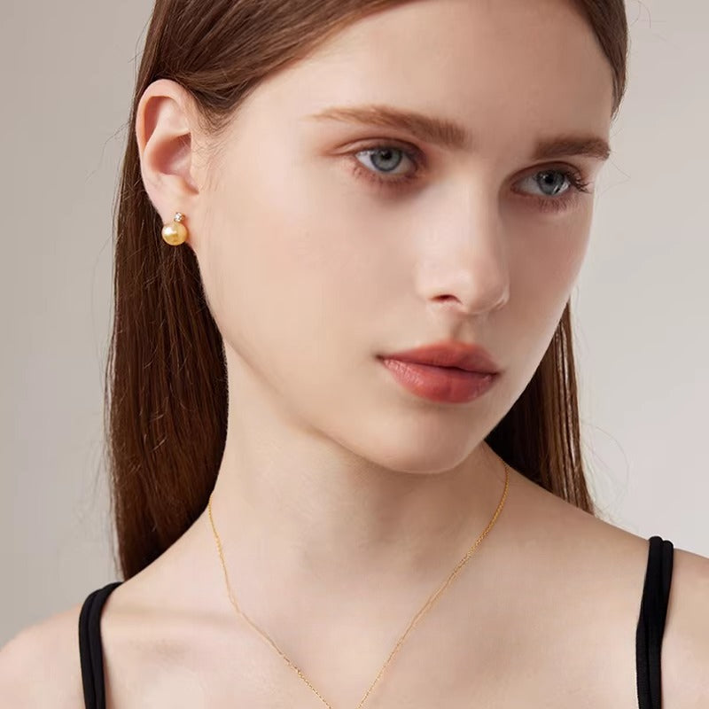 South Sea Gold Pearl Stud Earrings, Princess Diana Style, 18K Gold Natural Seawater Pearl Earrings, Light Luxury, High-End Dangle Earrings