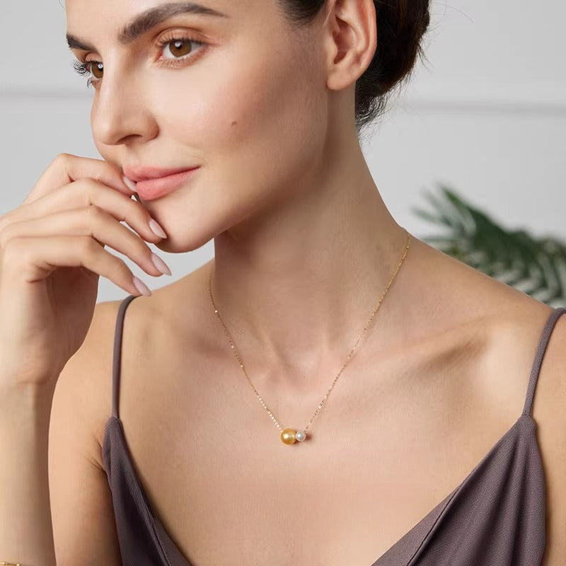 South Sea Golden Pearl Necklace, 18K Gold Pendant, Double Pearl Choker, Versatile Clavicle Chain, Gift for Girlfriend, High-End Jewelry