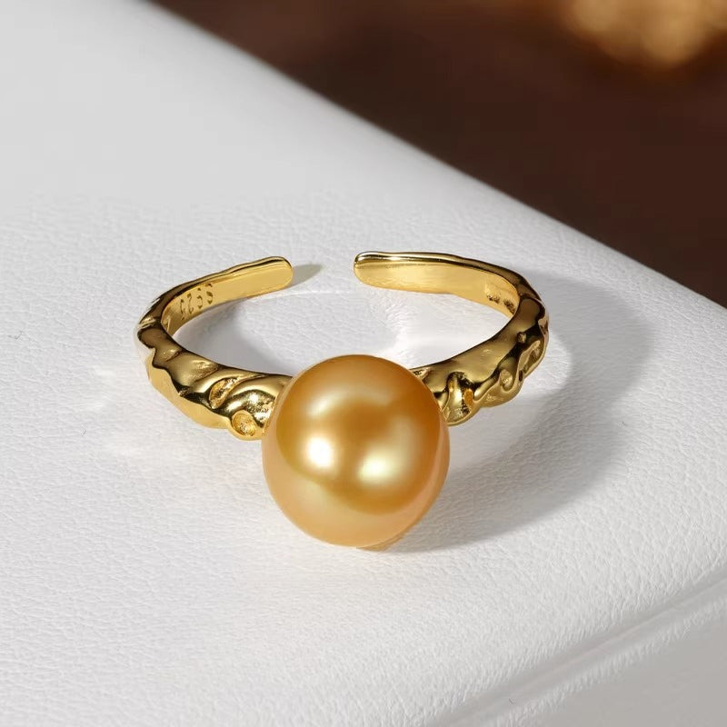 South Sea Gold Pearl Open Ring S925 Silver Saltwater Pearl Ring Elegant Versatile Women's Jewelry Gift