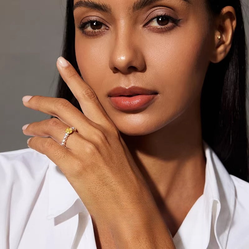 24K Gold Rose Freshwater Pearl Ring Natural Pearl Ring Versatile High-End Ring Jewelry Gift for Girlfriend