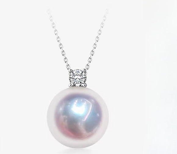 Akoya Pearl Pendant, Princess Diana Style, 18K Gold Diamond Necklace, Perfectly Round Seawater Pearl, Collarbone Chain, High-End Jewelry