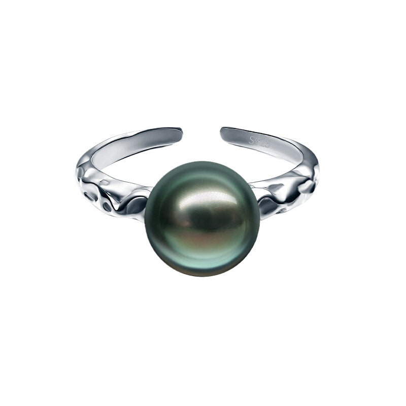 Tahitian Black Pearl Open Ring S925 Silver Elegant Seawater Pearl Ring Lightweight Luxury Hand Ornament High-End Women's