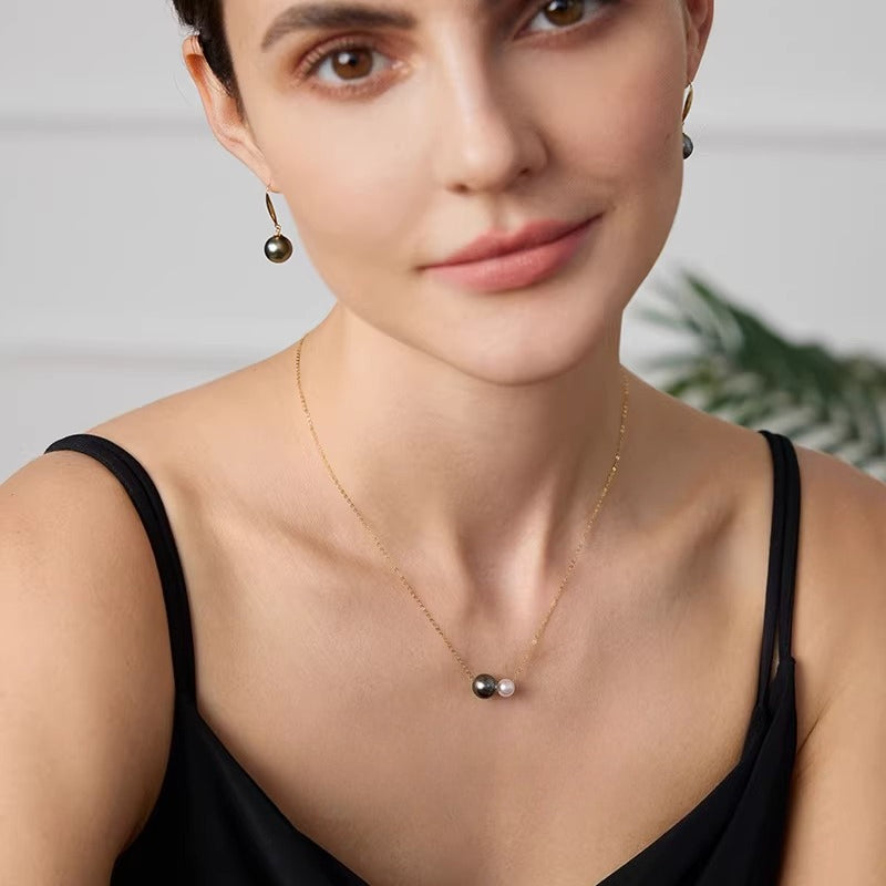Tahitian Black Pearl Necklace Lucky Bead Pendant 18K Gold Double Pearl Choker Fashion Clavicle Necklace Gift