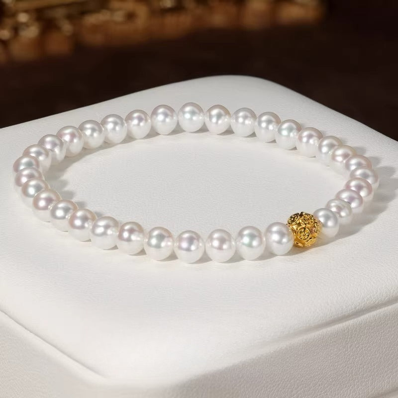 Natural Freshwater Pearl Bracelet, 18K Gold Ingot Pattern Beads, Elastic Cord Bracelet, Versatile and High-End