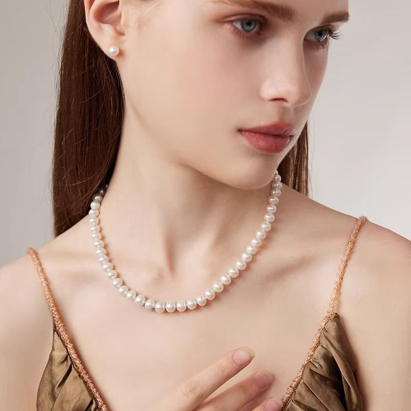 Freshwater Pearl Necklace for Moms, Nearly Round, High Luster Pearl Strand, Autumn/Winter Clavicle Necklace, Girlfriend Gift, New Year's Gift