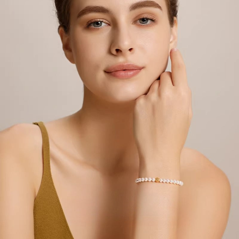 Natural Freshwater Pearl Bracelet, 18K Gold Ingot Pattern Beads, Elastic Cord Bracelet, Versatile and High-End