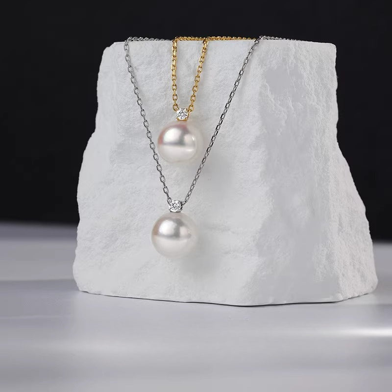 Akoya Pearl Pendant, Princess Diana Style, 18K Gold Diamond Necklace, Perfectly Round Seawater Pearl, Collarbone Chain, High-End Jewelry