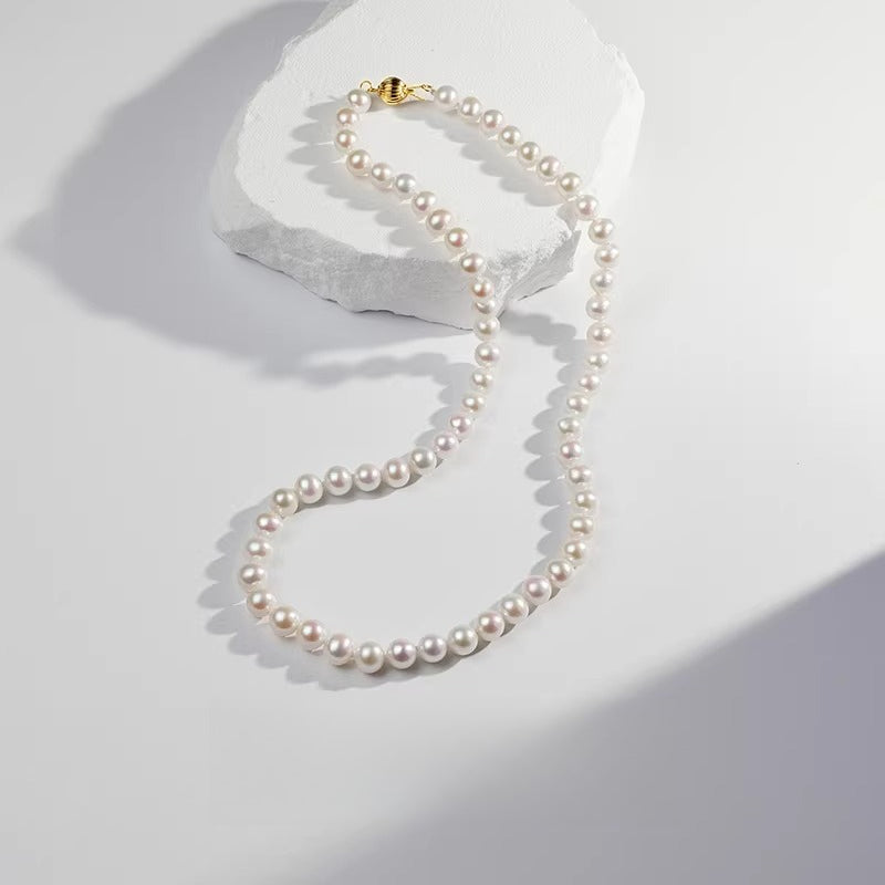 GOSELON JEWELRY High Luster Natural Freshwater Pearl Necklace Near Round Pearl Strand Clavicle Chain Elegant Pearl String Jewelry