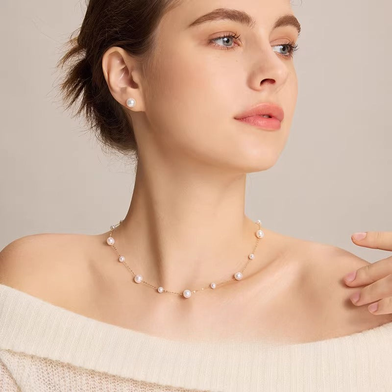 Natural Freshwater Pearl "Full Sky Stars" 18K Gold Necklace, Fashionable and Versatile Clavicle Chain, Designed for Women