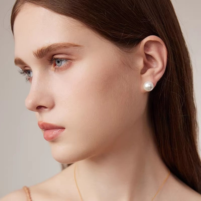 White Edison Pearl Stud Earrings, 18K Gold, Perfectly Round Freshwater Pearl Earrings, Elegant Drop Earrings, Gift