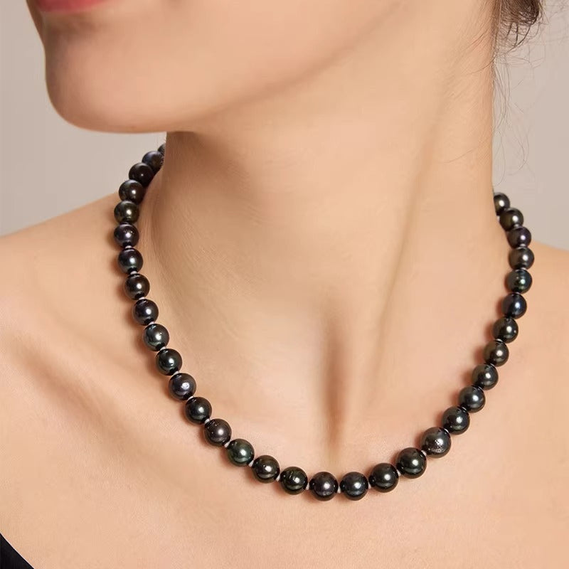 Tahitian Black Pearl Necklace 14K Gold Beaded Strand Lightweight Luxury Saltwater Pearl Chain Clavicle Chain Elegant Jewelry Gift