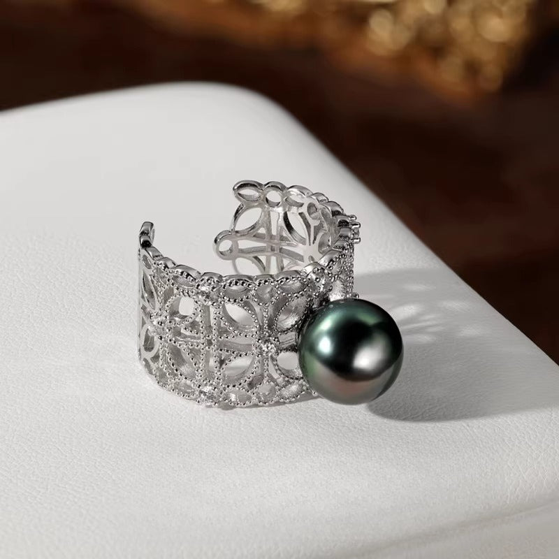 Tahitian Black Pearl Open Ring S925 Silver Elegant Chic Vintage High-End Jewelry