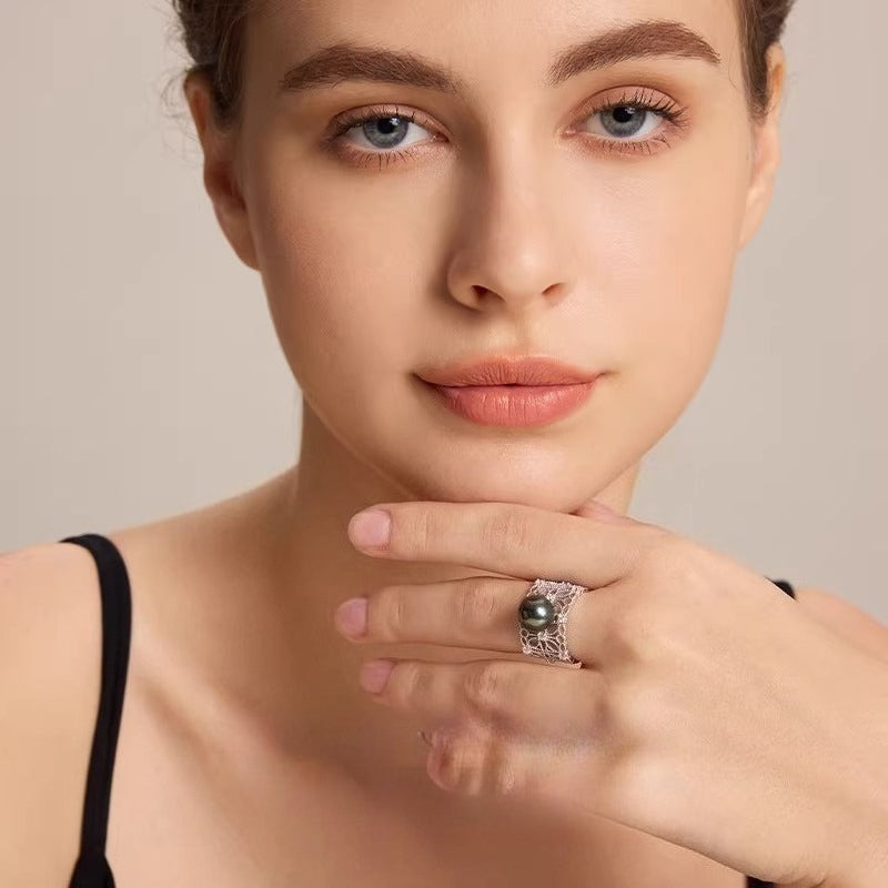 Tahitian Black Pearl Open Ring S925 Silver Elegant Chic Vintage High-End Jewelry