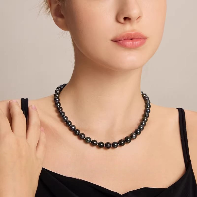 Tahitian Black Pearl Necklace 14K Gold Beaded Strand Lightweight Luxury Saltwater Pearl Chain Clavicle Chain Elegant Jewelry Gift