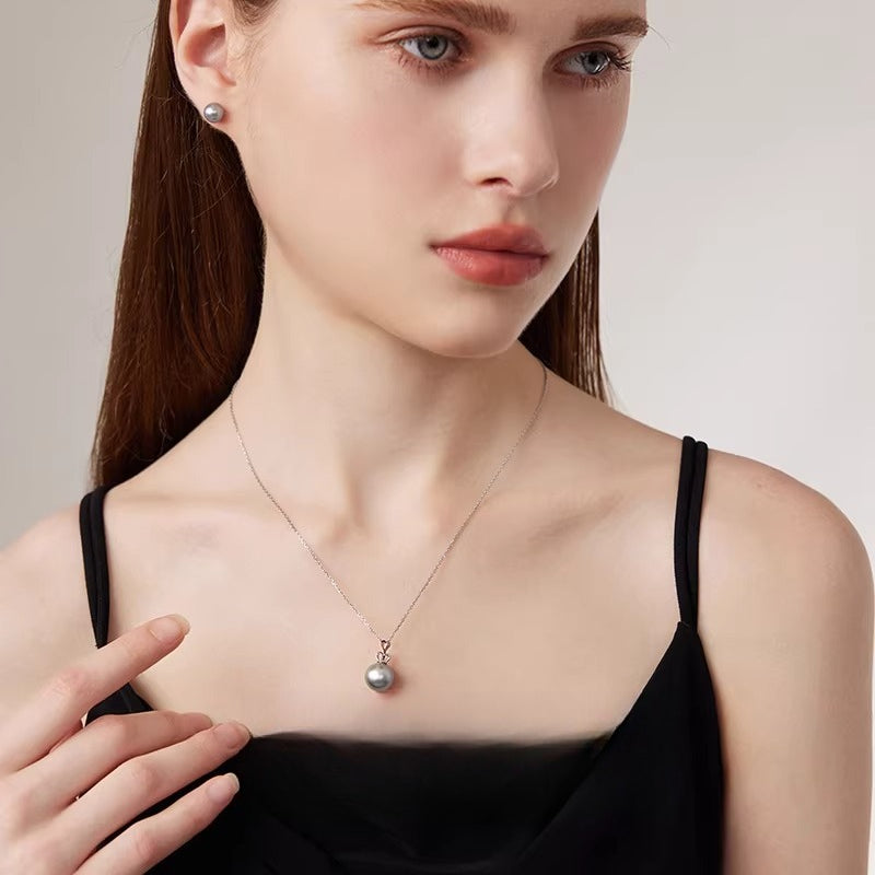 Tahitian Grey Pearl Pendant Crown 18K Gold Necklace Platinum Grey Perfectly Round Saltwater Pearl Choker High-End Women's