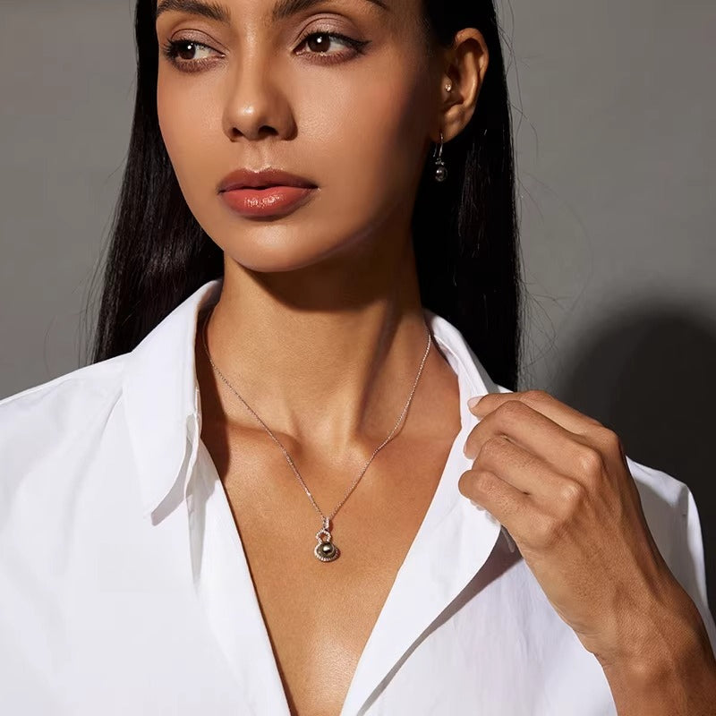 Tahitian Black Pearl Gourd Pendant Necklace, S925 Silver, Elegant Jewelry, Seawater Pearl Choker, Neck Ornament for Women