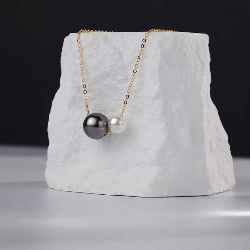 Tahitian Black Pearl Necklace Lucky Bead Pendant 18K Gold Double Pearl Choker Fashion Clavicle Necklace Gift