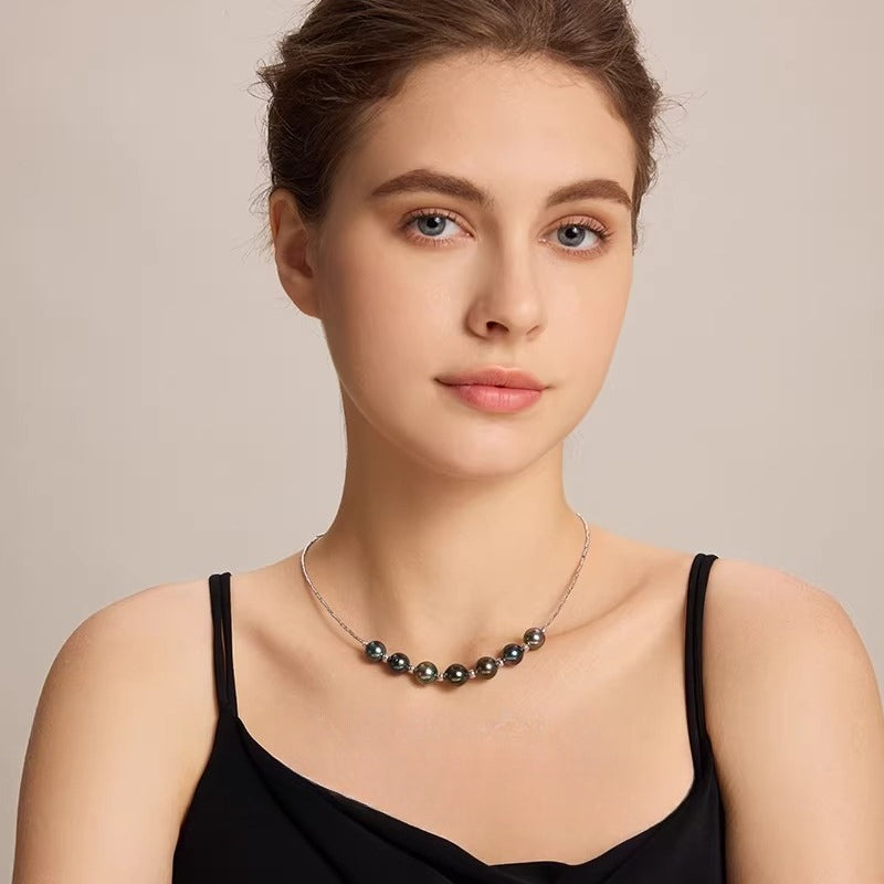 Tahitian Black Pearl Necklace S925 Silver Choker Saltwater Pearl Light Luxury Clavicle Necklace Elegant Jewelry