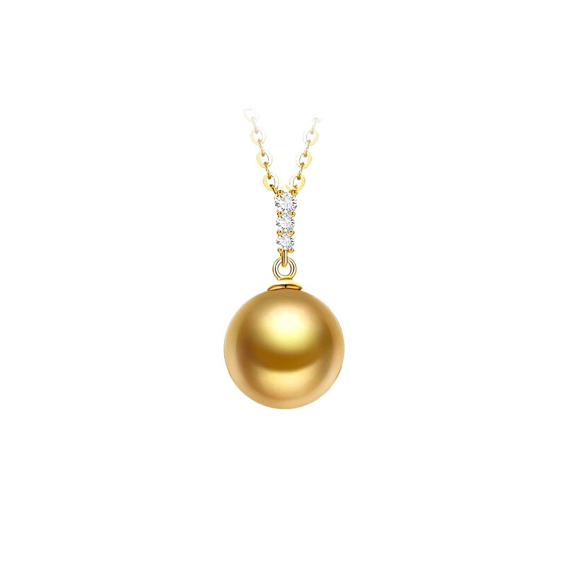 South Sea Golden Pearl Pendant 18K Gold Three-Diamond Necklace Seawater Pearl Choker Clavicle Chain Pendant High-End Jewelry