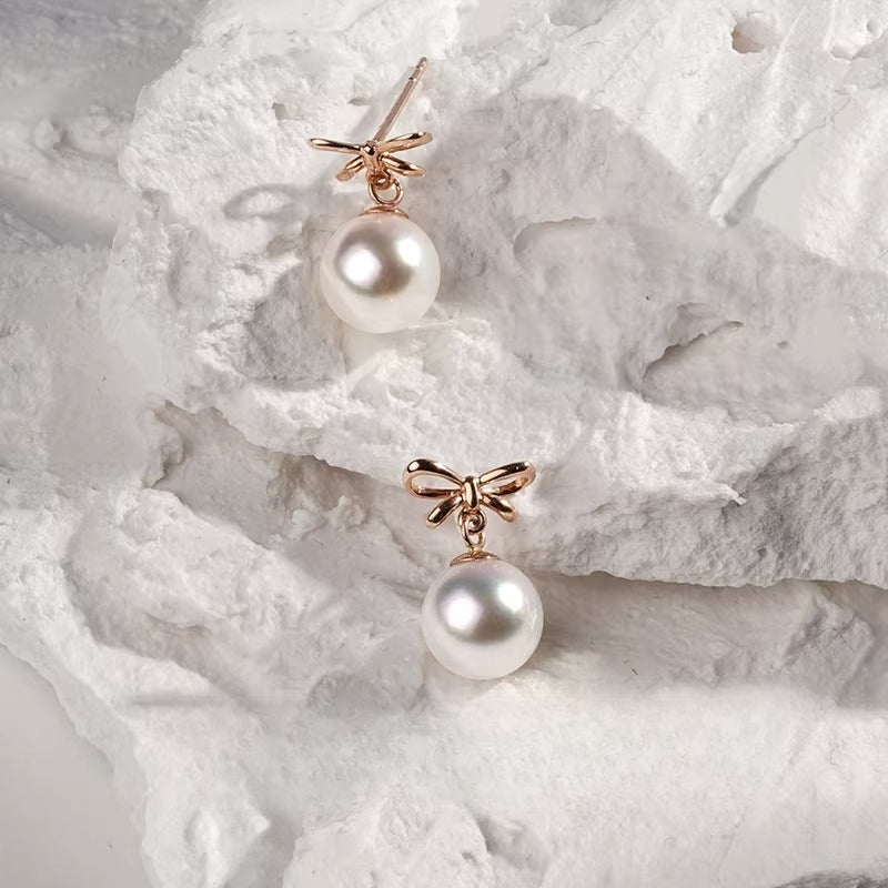 Akoya Pearl Bow Stud Earrings, 18K Gold Saltwater Pearl Dangle Earrings, High-End Jewelry Gift for Girlfriend, Earrings