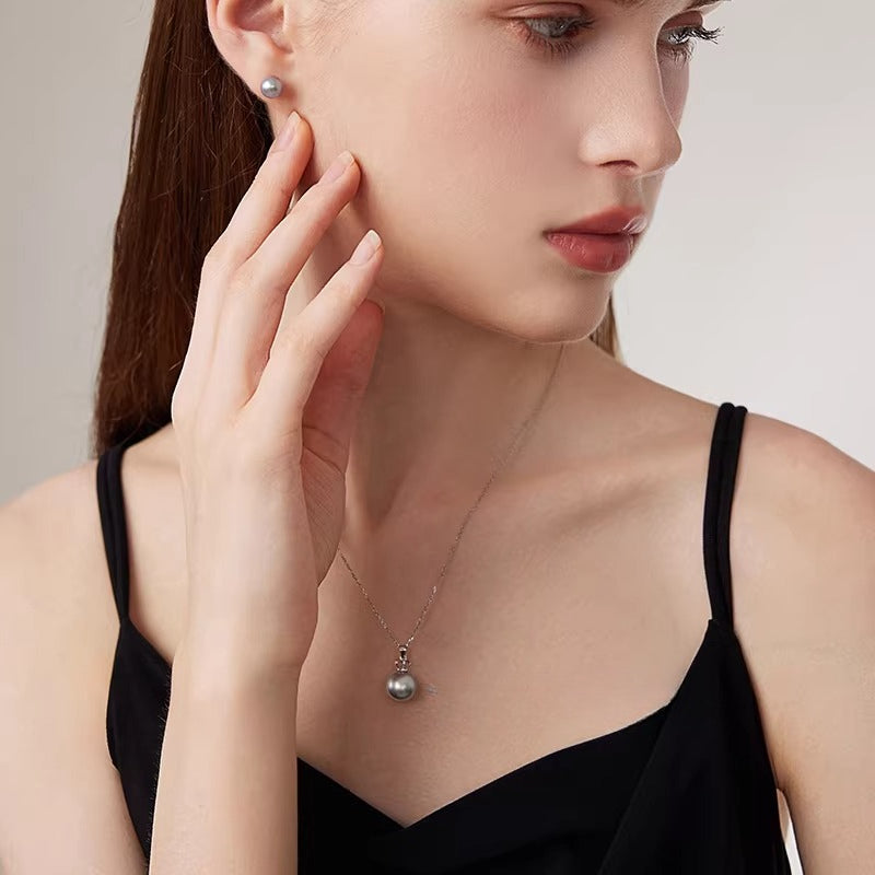 Tahitian Grey Pearl Pendant Crown 18K Gold Necklace Platinum Grey Perfectly Round Saltwater Pearl Choker High-End Women's