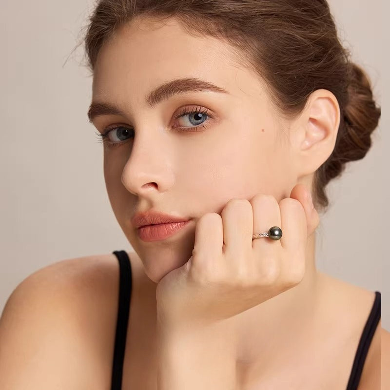 Tahitian Black Pearl Open Ring S925 Silver Elegant Seawater Pearl Ring Lightweight Luxury Hand Ornament High-End Women's
