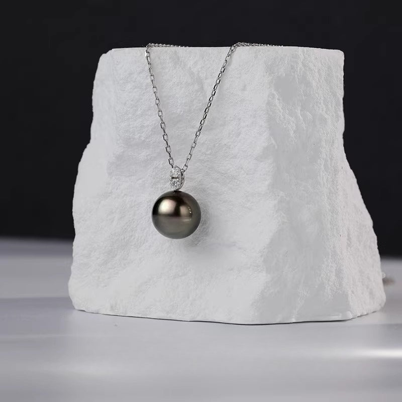 Tahitian Black Pearl Pendant with Double Diamonds, 18K Gold Necklace, Versatile Jewelry, Girlfriend Gift