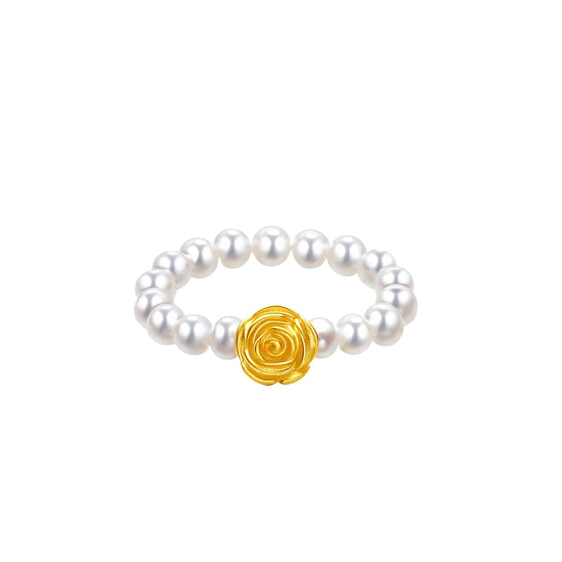 24K Gold Rose Freshwater Pearl Ring Natural Pearl Ring Versatile High-End Ring Jewelry Gift for Girlfriend