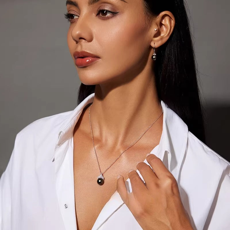 Tahitian Black Pearl Pendant Snow Queen Necklace S925 Sterling Silver Seawater Pearl Necklace Girlfriend Gift