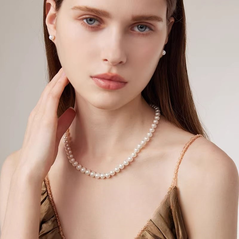 Freshwater Pearl Necklace for Moms, Nearly Round, High Luster Pearl Strand, Autumn/Winter Clavicle Necklace, Girlfriend Gift, New Year's Gift