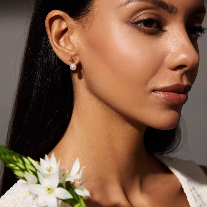 Akoya Pearl Bow Stud Earrings, 18K Gold Saltwater Pearl Dangle Earrings, High-End Jewelry Gift for Girlfriend, Earrings